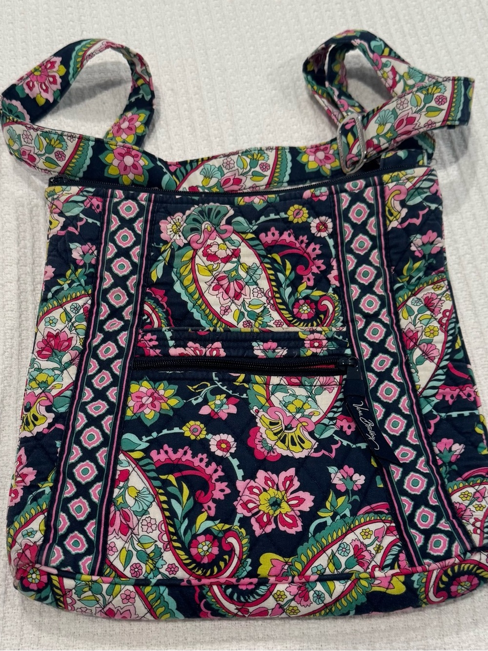 Vera Bradley Quilted Paisley Crossbody in Navy with Pink & Green